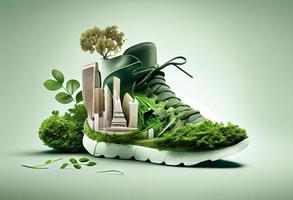 chaussure avec verdure et ville , carbone empreinte concept. produire ai. photo