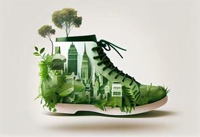 chaussure avec verdure et ville , carbone empreinte concept. produire ai. photo