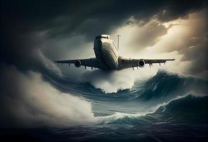 passager avion mouches dans une orage plus de le océan. produire ai. photo