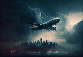 passager avion mouches dans une orage plus de le ville . produire ai. photo