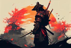 illustration La peinture une samouraï avec une katana des stands prêt à bats toi contre une énorme armée.. produire ai. photo