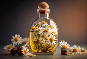 essentiel pétrole dans verre bouteille avec Frais camomille fleurs. produire ai. photo