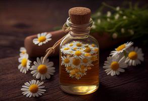 essentiel pétrole dans verre bouteille avec Frais camomille fleurs. produire ai. photo