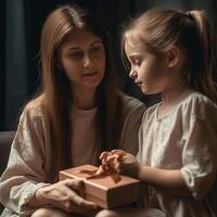 femme avec cadeau pour de la mère journée reçu de sa peu fille à maison. génératif ai photo