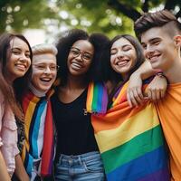 diverse Jeune copains célébrer gay fierté Festival lgbtq. génératif ai photo