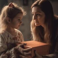 femme avec cadeau pour de la mère journée reçu de sa peu fille à maison. génératif ai photo