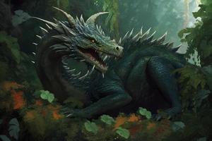 vert forêt dragon. produire ai photo