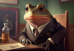 portrait de un anthropomorphe crapaud habillé comme une écolier dans une Salle de classe. produire ai. photo