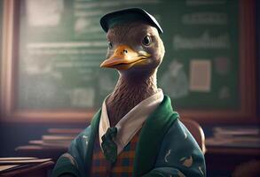 portrait de un anthropomorphe canard habillé comme une écolier dans une Salle de classe. produire ai. photo