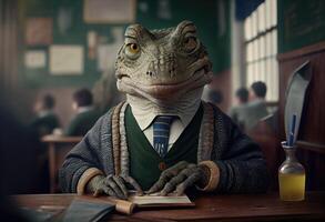 portrait de un anthropomorphe crocodile habillé comme une écolier dans une Salle de classe. produire ai. photo