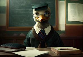 portrait de un anthropomorphe canard habillé comme une écolier dans une Salle de classe. produire ai. photo