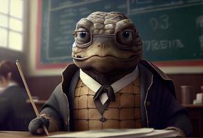 portrait de un anthropomorphe tortue habillé comme une écolier dans une Salle de classe. produire ai. photo