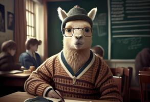 portrait de un anthropomorphe alpaga habillé comme une écolier dans une Salle de classe. produire ai. photo