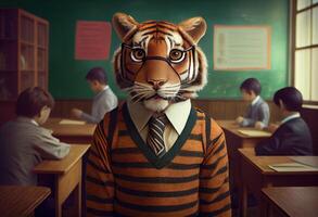 portrait de un anthropomorphe tigre habillé comme une écolier dans une Salle de classe. produire ai. photo