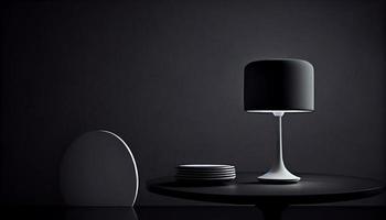 magnifique minimaliste présentation Contexte avec une table et une blanc lampe contre une noir texturé mur. produire ai. photo