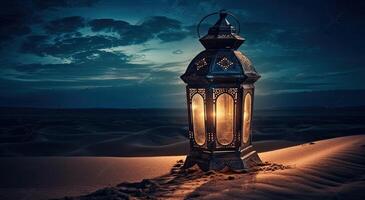Ramadan islamique lanterne sur désert arrière-plan, dans le style de romantique éclairé par la lune paysages marins, bleu et ambre, mystérieux paysages de rêve, décoratif peintures, illustration génératif ai photo