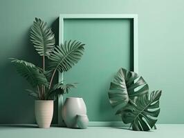 une vert mur avec fleurs et les plantes derrière une Vide cadre, dans le style de affiche, intérieur scènes, photobashing, écologiquement inspiré, Hinchel ou, d'inspiration industrielle, illustration génératif ai photo