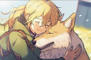 génératif ai illustration de un anime fille et sa chien photo