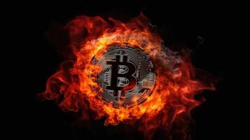 flamboyant bitcoins, frappant 3d rendre, cgi illustration, spectaculaire noir toile de fond génératif ai photo