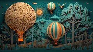 une papier art avec chaud air ballon en volant avec des arbres et cerf dans le ciel, dans le style de foncé turquoise et lumière orange, fond d'écran, multicouche dimensions, luxueux mur tentures. génératif ai photo