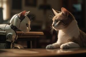 mignonne chat et robot sur table à maison. artificiel intelligence concept. génératif ai photo