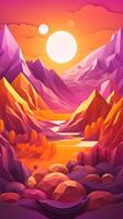 papier Couper ouvrages d'art pour une paysage avec montagnes et le soleil, dans le style de Jaune et violet, réaliste encore stylisé, sphérique sculptures, chaud Couleur palettes. génératif ai photo