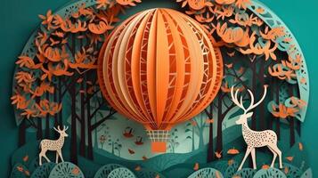 une papier art avec chaud air ballon en volant avec des arbres et cerf dans le ciel, dans le style de foncé turquoise et lumière orange, fond d'écran, multicouche dimensions, luxueux mur tentures. génératif ai photo