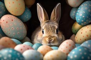 Pâques lapin et coloré Pâques des œufs Contexte. numérique peinture. génératif ai photo