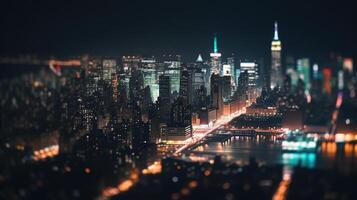 défocalisé lumières dans ville. le bokeh lumière de bâtiment et nuit ville. paysage urbain. génératif ai. photo