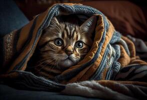 mignonne chat enveloppé dans une couverture à garder chaud. ai généré photo