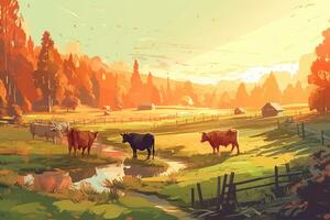 vaches pâturage sur une ferme avec lumière du soleil, ferme paysage illustration avec génératif ai photo