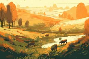 vaches pâturage sur une ferme avec lumière du soleil, ferme paysage illustration avec génératif ai photo