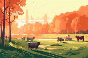 vaches pâturage sur une ferme avec lumière du soleil, ferme paysage illustration avec génératif ai photo