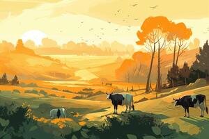 vaches pâturage sur une ferme avec lumière du soleil, ferme paysage illustration avec génératif ai photo