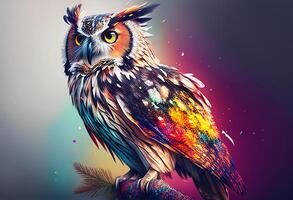 coloré hibou portrait sur une foncé Contexte. 3d illustration. génératif ai photo