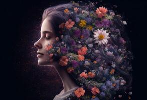 portrait de magnifique Jeune femme avec fleurs dans sa cheveux sur foncé Contexte génératif ai photo