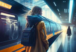 Jeune femme dans une imperméable sur le Plate-forme de une métro station génératif ai photo
