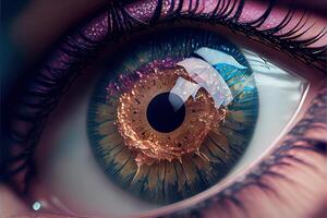 génératif ai illustration de macro la photographie coup de réaliste femelle yeux avec rose iris cette regards comme une romain numéral analogique horloge, temps dans yeux, opalescence et brillant, brisé verre cristaux photo