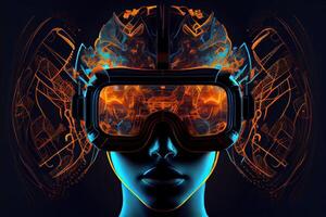 génératif ai illustration de métaverse concept et virtuel monde éléments. silhouette de une Humain visage dans augmenté ou virtuel réalité casque. neural réseau généré ai art photo