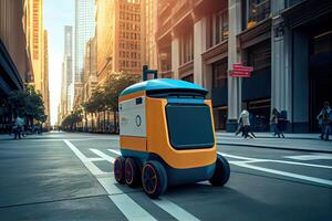 génératif ai illustration de le futur de livraison La technologie avec autonome courrier des robots dans animé Urbain paysages, une livraison robot comme bien comme autonome livraison voitures établi par une affaires photo