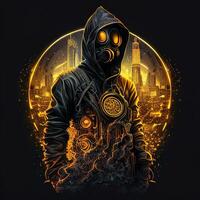 génératif ai illustration de cyberpunk bio danger protecteur costume avec une industriel fumée, pollution, centré à l'intérieur complexe or et Feu cercle de ville et grattes ciels photo