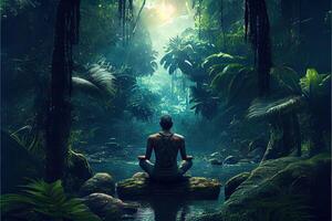 génératif ai illustration de homme méditer dans le jungle photo
