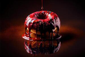 génératif ai illustration de pétrole éclaboussures, géant brillant Donut, foncé rouge bonbons pomme, plus de Haut et égouttage vers le bas côtés, flottant dans noir retour goutte. numériquement généré image photo