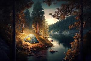 génératif ai illustration de camping dans la nature dans le forêt sur le banques de le rivière photo