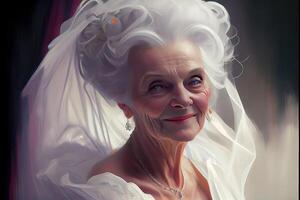 génératif ai illustration de 70 année vieux magnifique joyeux Dame habillé comme une la mariée dans une blanc robe, magnifique photo