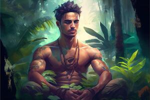 génératif ai illustration de Jeune homme méditer dans le jungle photo