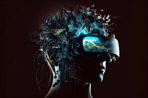 génératif ai illustration de métaverse concept et virtuel monde éléments. silhouette de une Humain visage dans augmenté ou virtuel réalité casque. neural réseau généré ai art photo