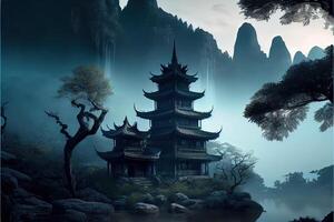 génératif ai illustration de fantaisie Contexte avec mystérieux ancien chinois temple dans montagnes. numérique ouvrages d'art. chinois style. jeu et art concept. photo