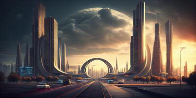 génératif ai illustration de fantaisie futuriste ville avec autoroutes et grattes ciels, cyber ville photo