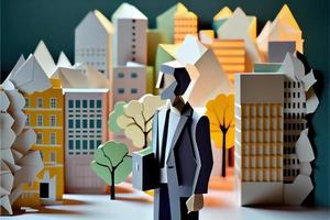 affaires homme dans le ville arrière-plan, coloré. affaires poignée de main, réussi concept. papier Couper artisanat, 3d papier illustration style. neural réseau généré art. photo